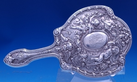 Hand Mirror #C1192 pair of love birds & flowers at top w/ cherubs (mirror missing) 4.86 oz 12 1/2